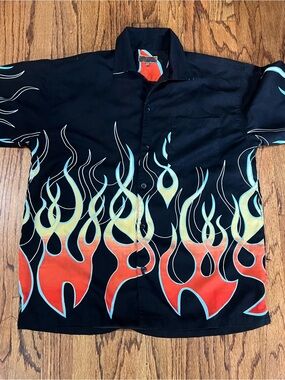 Black Flame Print Short-Sleeve Button-Down Shirt